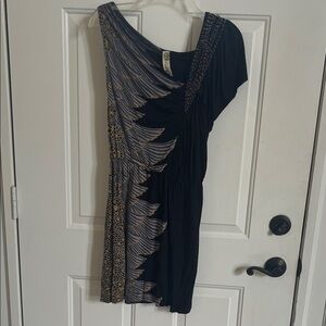 Free People Black One-Shoulder Boho Dress with Metallic Feather Print Beading
